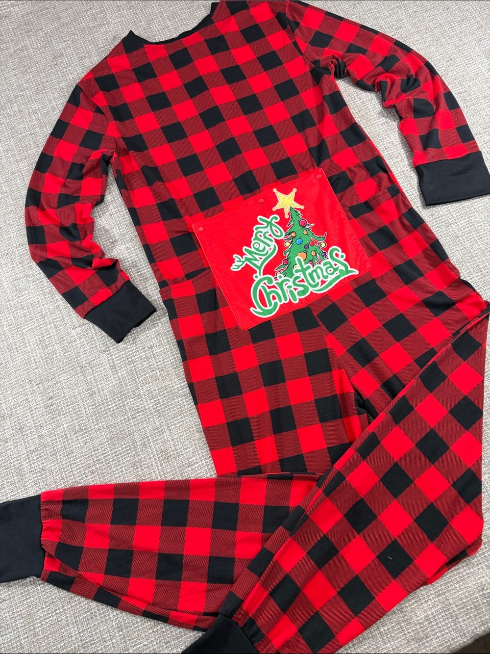 Red Buffalo Plaid mom adult Christmas Pajama One-Piece buttom opening